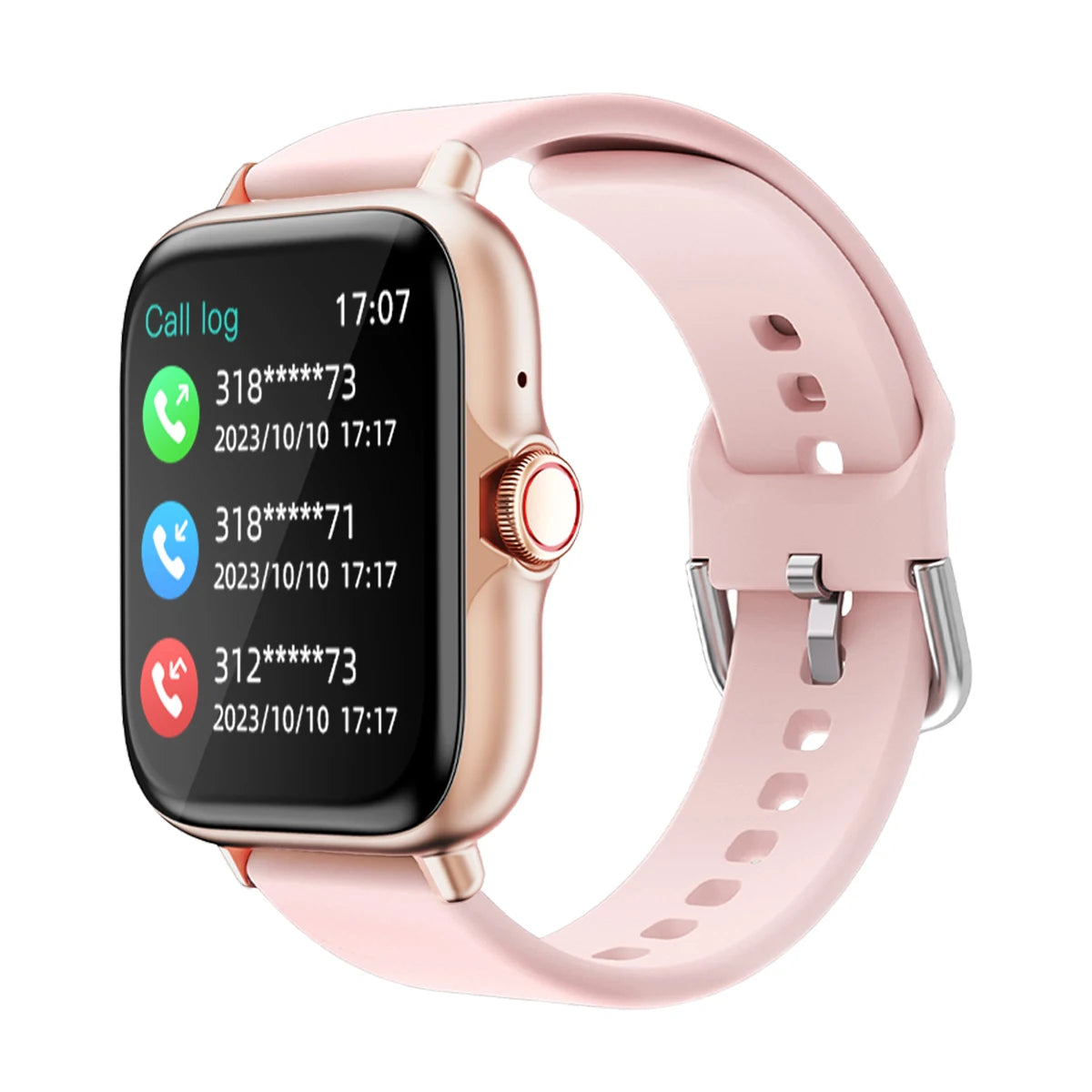 The rose gold smartwatch displaying the call log function on its screen.