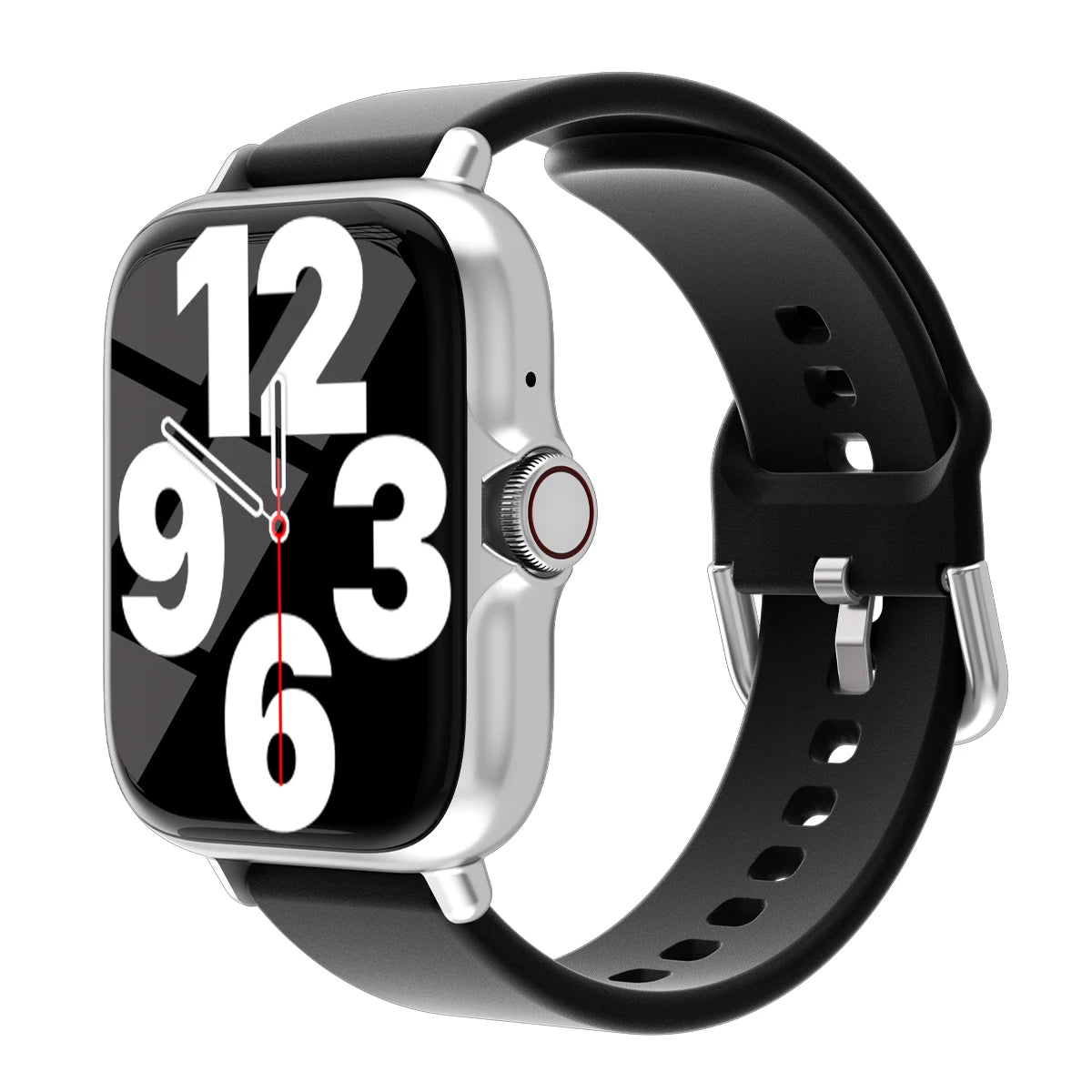 The 1.83-inch smartwatch with a silver case and a classic black silicone band.