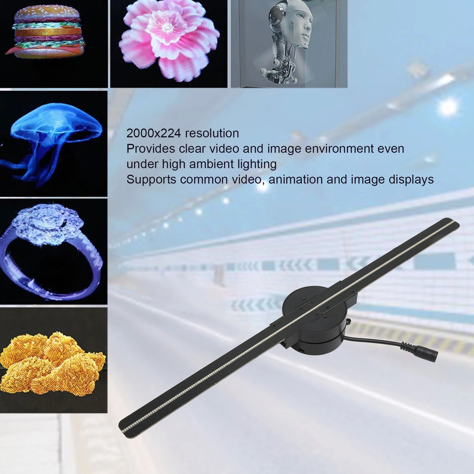 Examples of high-resolution images projected by the 3D hologram fan, including a burger, a flower, a robot, and a jellyfish.