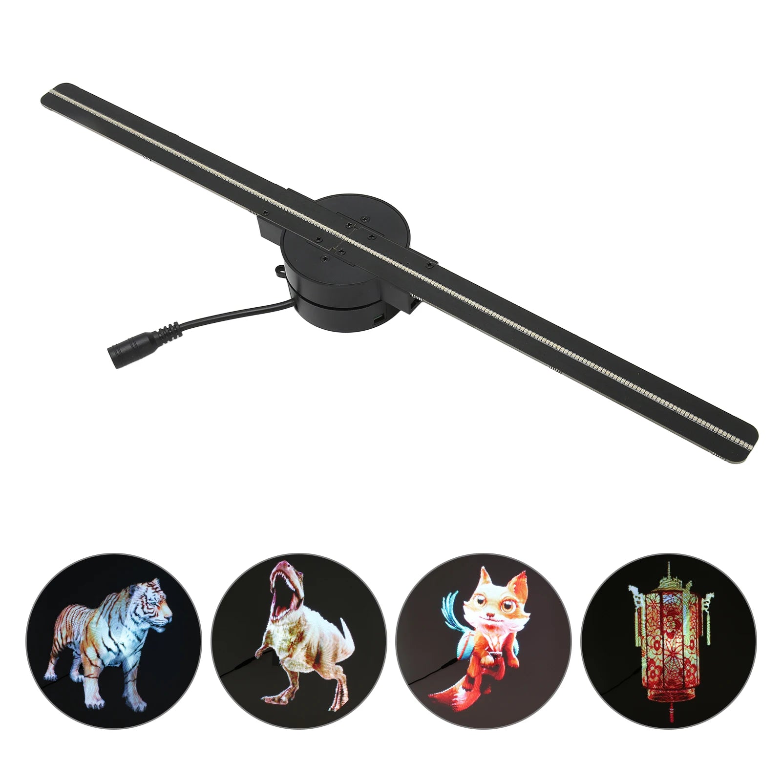 The 3D hologram fan device with four examples of holograms it can project: a tiger, a T-rex, a fox, and a lantern.