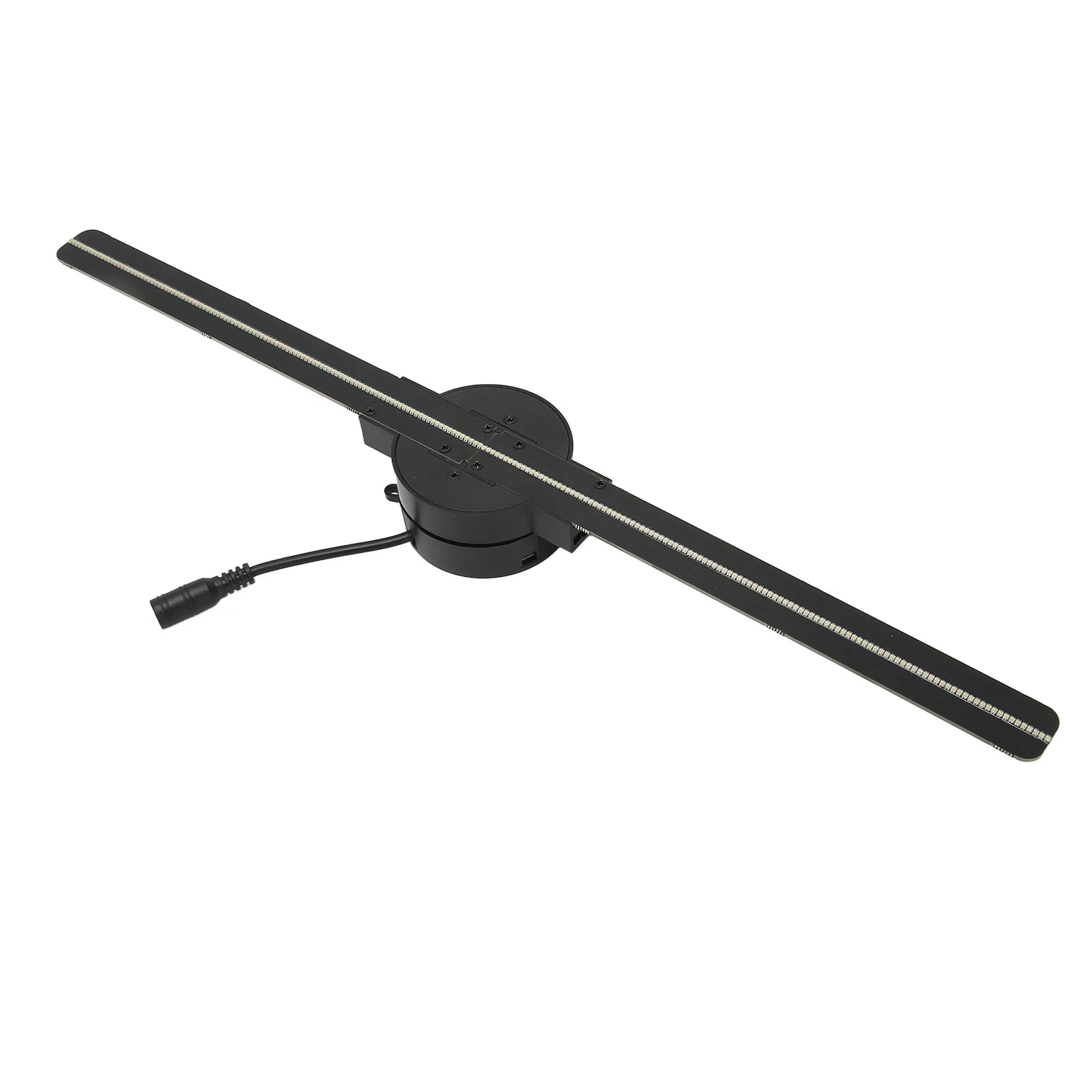 A clear product shot of the 3D hologram fan projector device with its spinning LED blade.