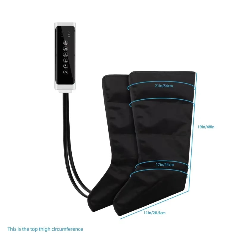 A diagram showing the dimensions of the air pressure leg massager sleeves and the connected controller.