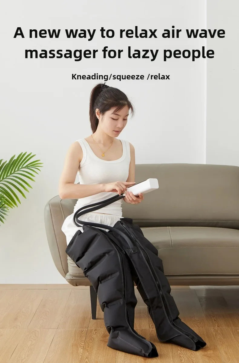 A woman using the air wave leg massager, with text describing it as "A new way to relax for lazy people" with kneading, squeeze, and relax functions.