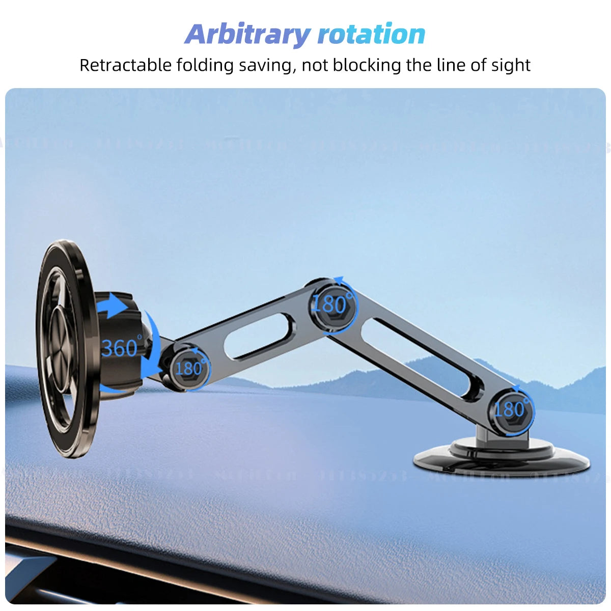 An infographic demonstrating the arbitrary rotation of the magnetic phone mount, with 360-degree and 180-degree adjustment points.