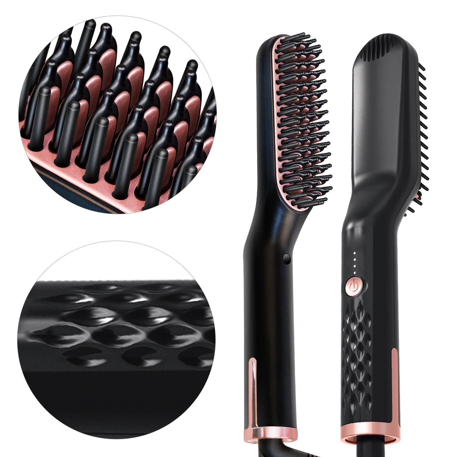 Close-up images of the straightener brush, showing the detailed bristle design and the textured non-slip handle.