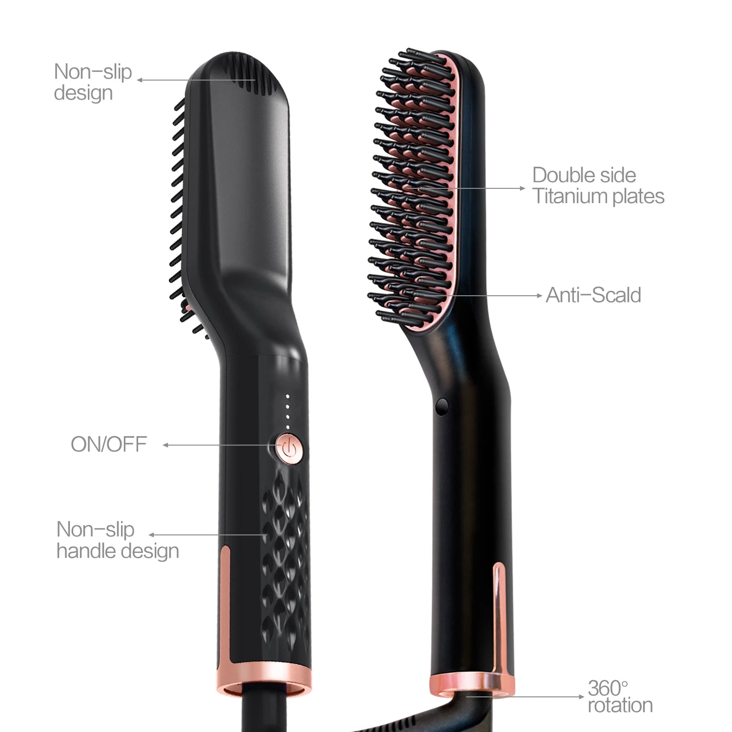 A diagram labeling the parts of the beard and hair straightener, including the non-slip handle, titanium plates, anti-scald bristles, and rotating cord.