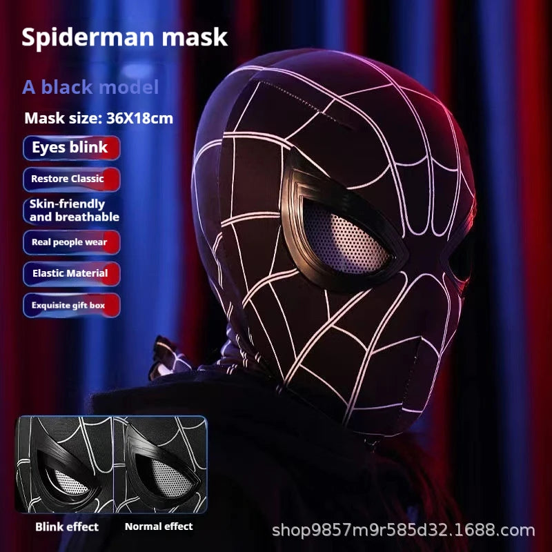 Infographic for the black Spiderman mask model, comparing the normal eye effect to the blinking eye effect.