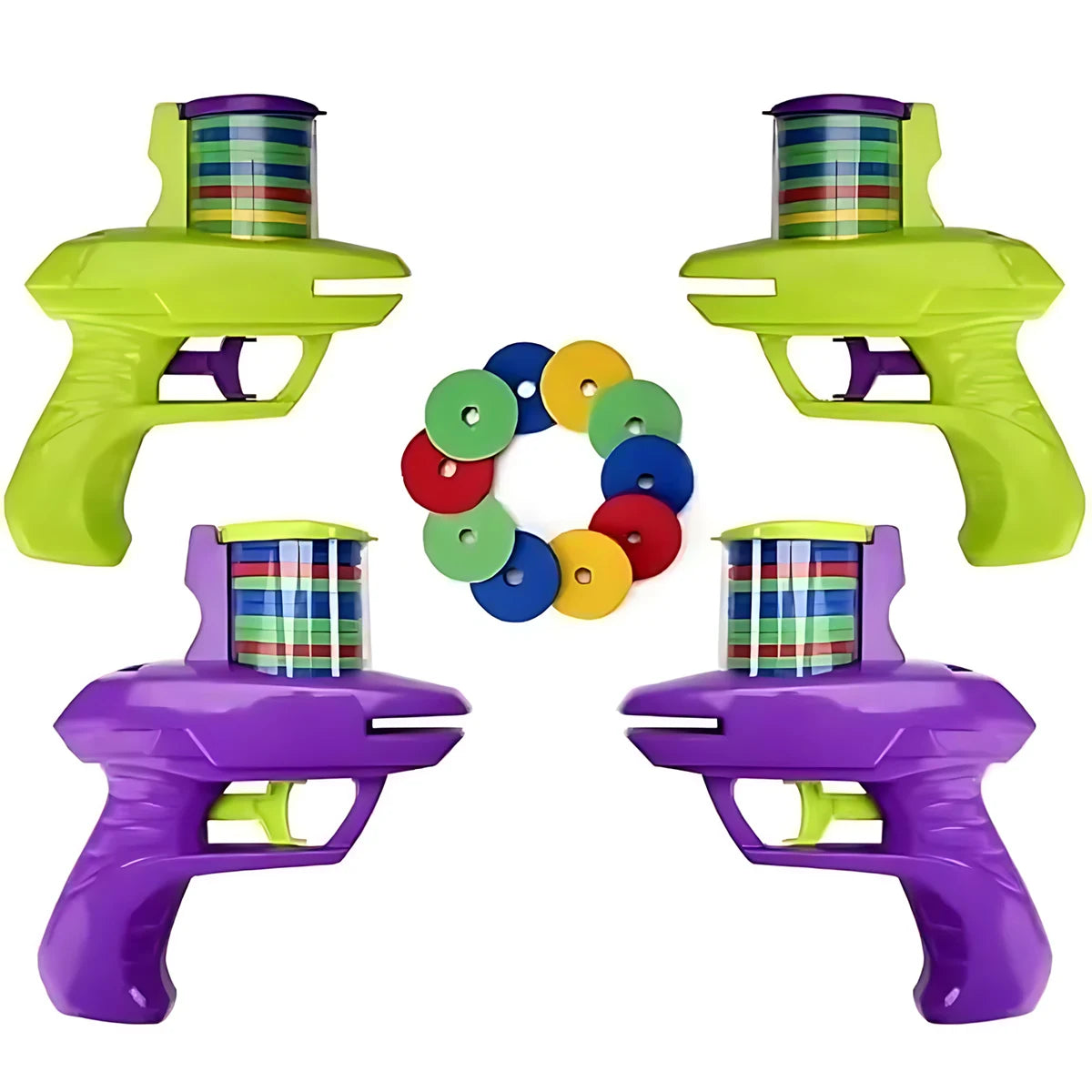 A full playset of the FunBox toy, including two green and two purple disc launchers with a circle of colorful foam discs.