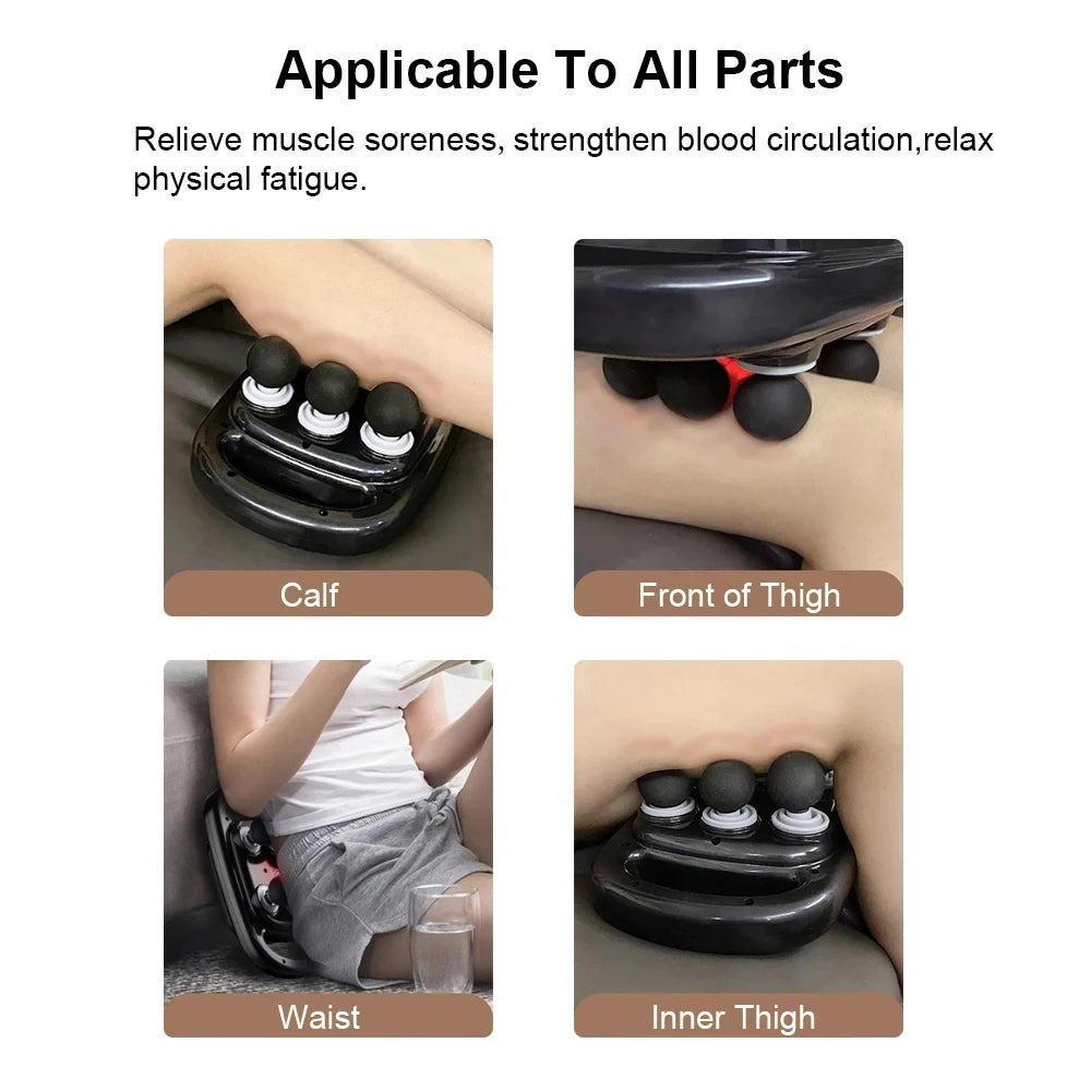 An infographic showing the electric massager is applicable to all parts of the body, including the calf, front of thigh, waist, and inner thigh.