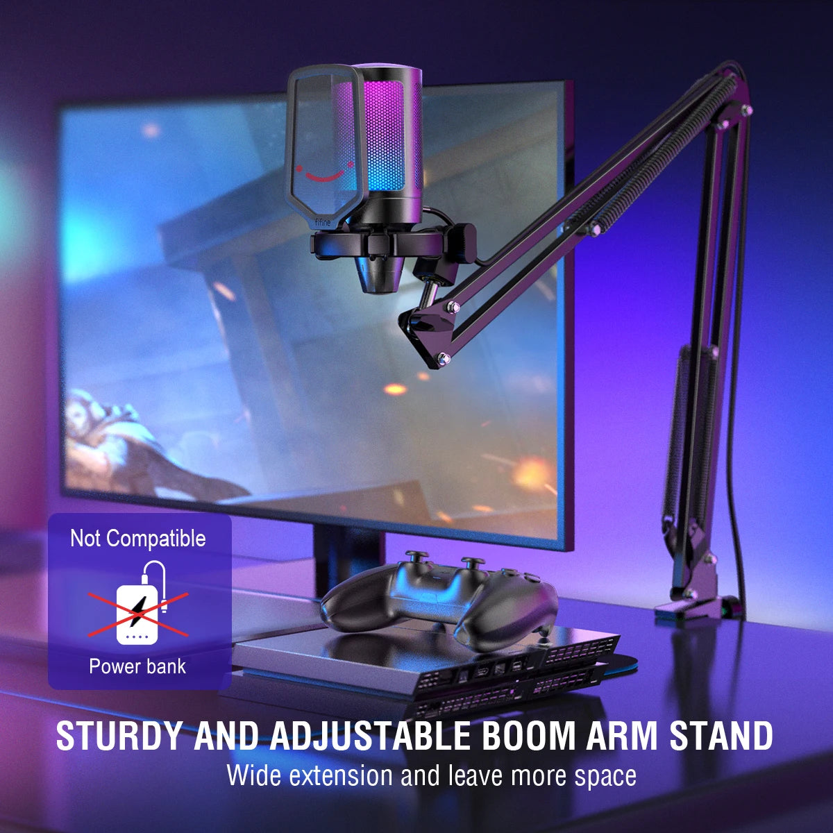 The black FIFINE A6T USB microphone mounted on its sturdy and adjustable boom arm stand on a gaming desk.