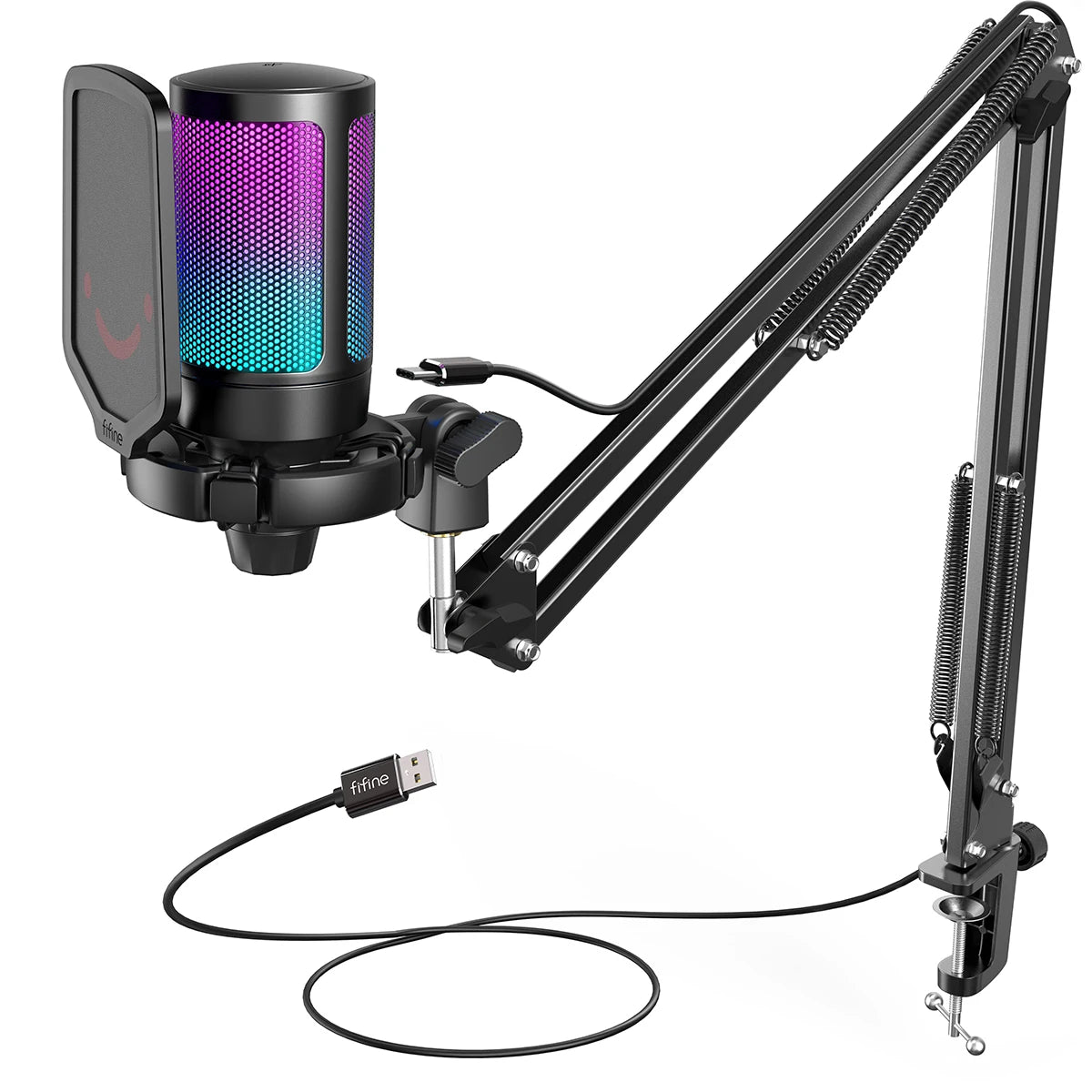 The complete FIFINE A6T USB gaming microphone kit in black, including the RGB microphone, pop filter, adjustable boom arm, and USB cable.