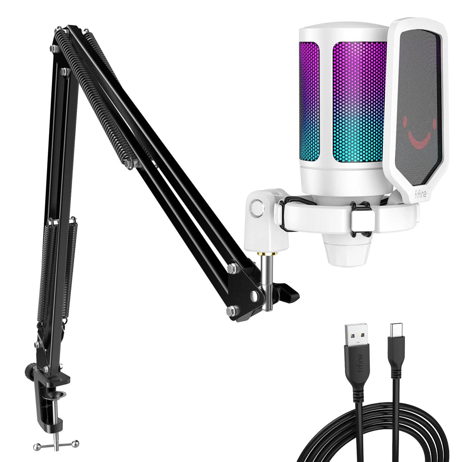 The complete FIFINE A6T USB gaming microphone kit in white, including the RGB microphone, pop filter, adjustable boom arm, and USB-C cable.