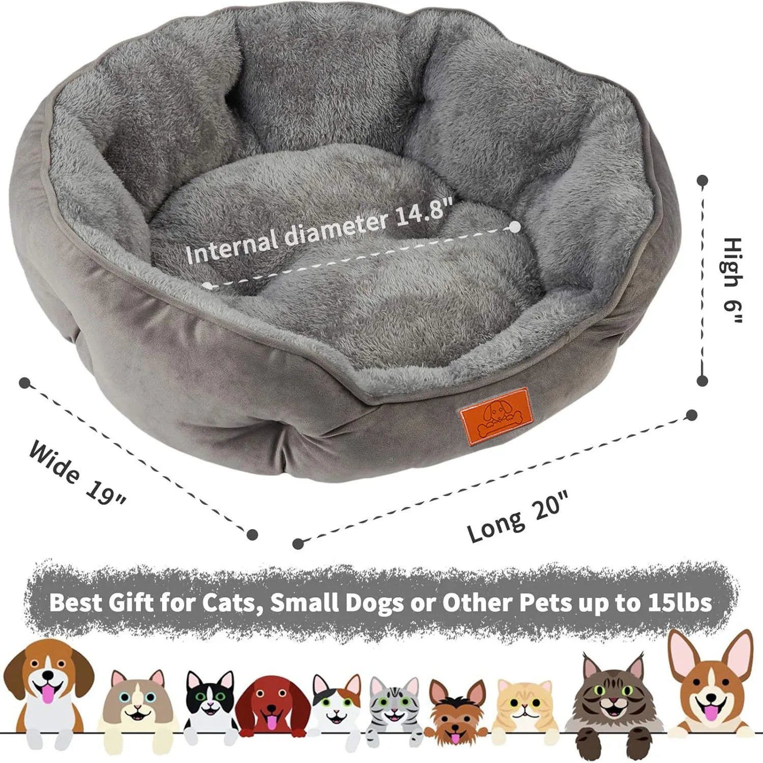 Diagram of the grey pet bed showing its dimensions: 20 inches long, 19 inches wide, 6 inches high, with a 14.8-inch internal diameter. Suitable for pets up to 15lbs.
