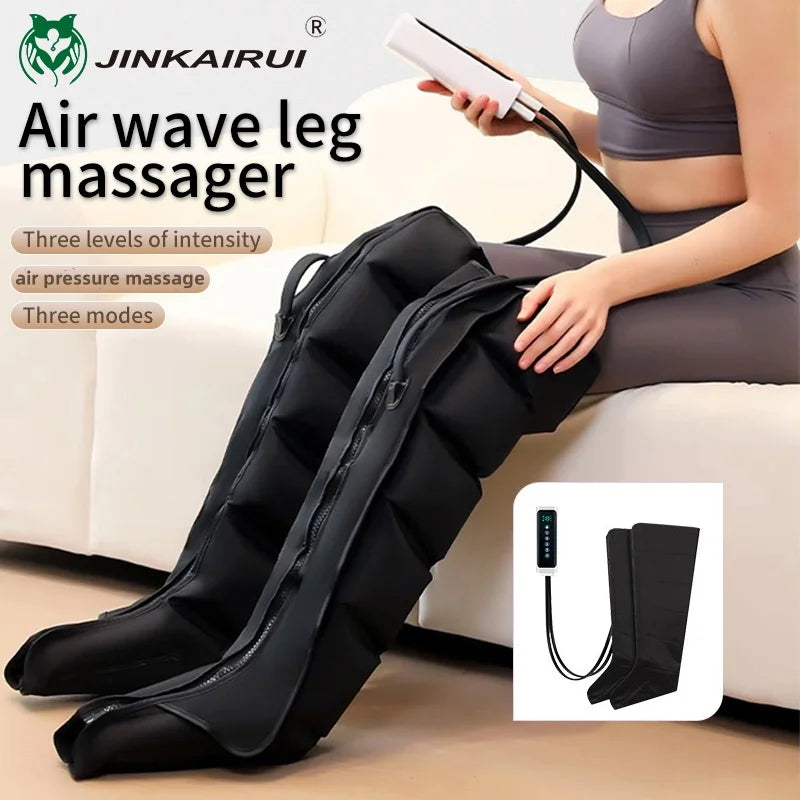 The Jinkairui air wave leg massager with text highlighting its three levels of intensity, air pressure massage, and three modes.