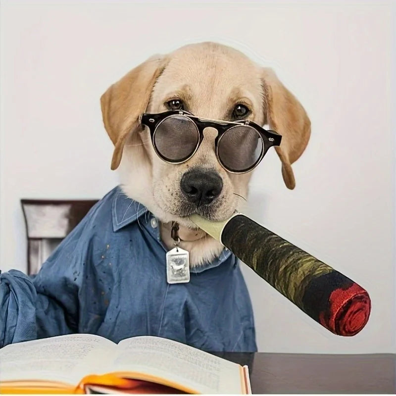 A funny photo of a yellow labrador puppy wearing glasses and a blue shirt, holding a large plush cigar-shaped dog toy.