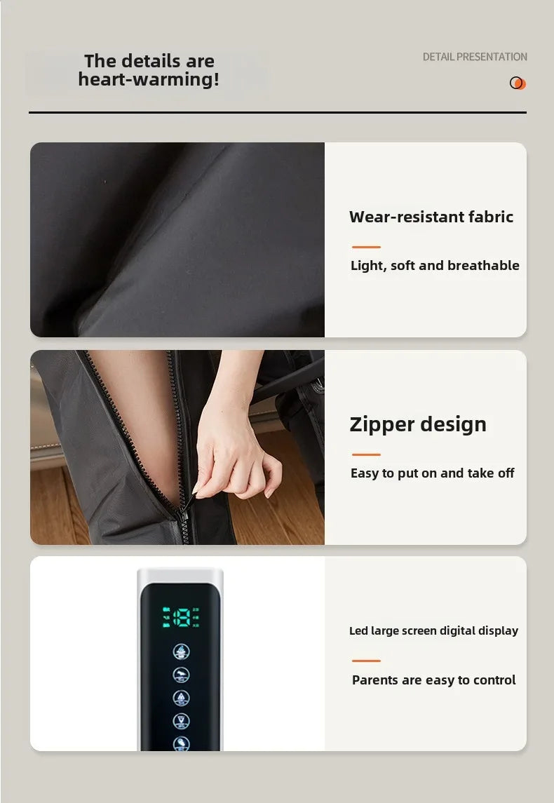 An infographic showing the detailed features of the leg massager: wear-resistant fabric, easy-to-use zipper design, and a large LED screen display.