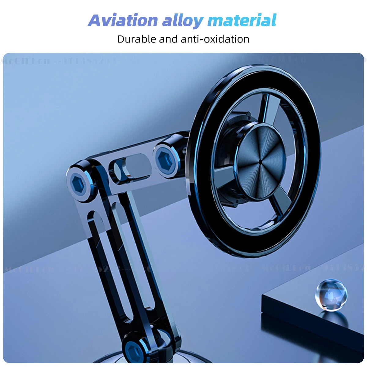 A close-up of the phone holder, emphasizing its durable and anti-oxidation aviation alloy material.