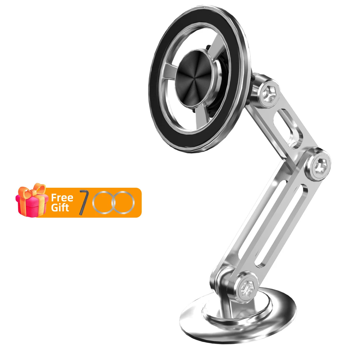 The McGiLLon MagSafe articulating car phone holder shown in a modern silver finish.