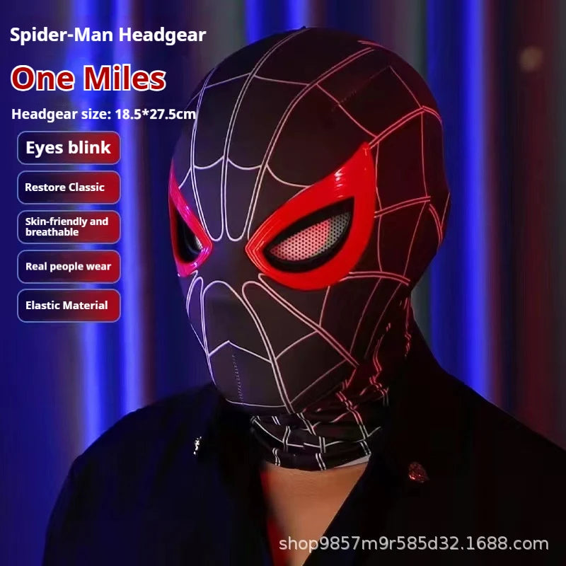 A model wearing the black and red Miles Morales style Spiderman mask, highlighting its features.