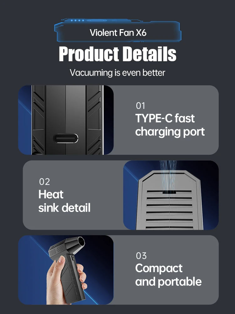An infographic detailing the product features of the Mntiln X6 blower: Type-C fast charging port, heat sink detail, and its compact, portable design.
