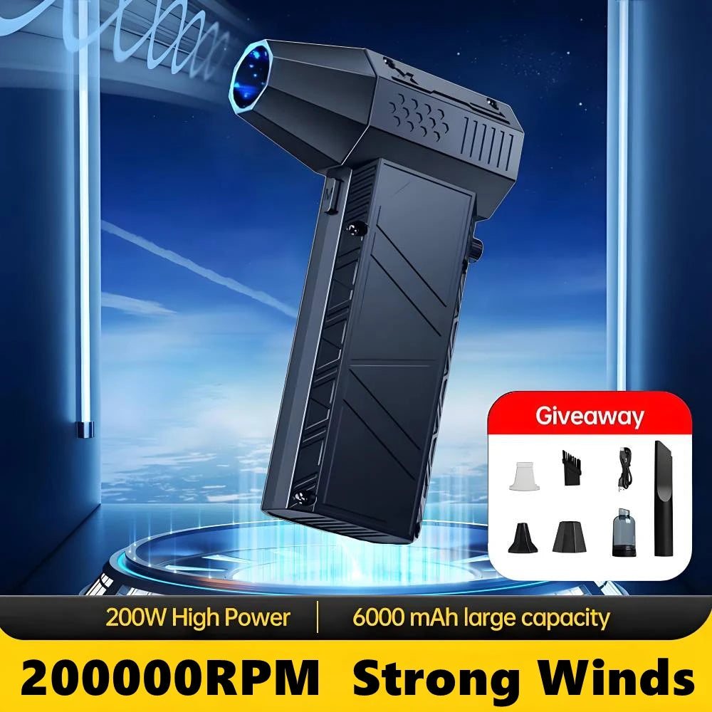 The Mntiln X6 Turbo Jet Blower with text highlighting its 200,000 RPM strong winds and 6000 mAh battery capacity.