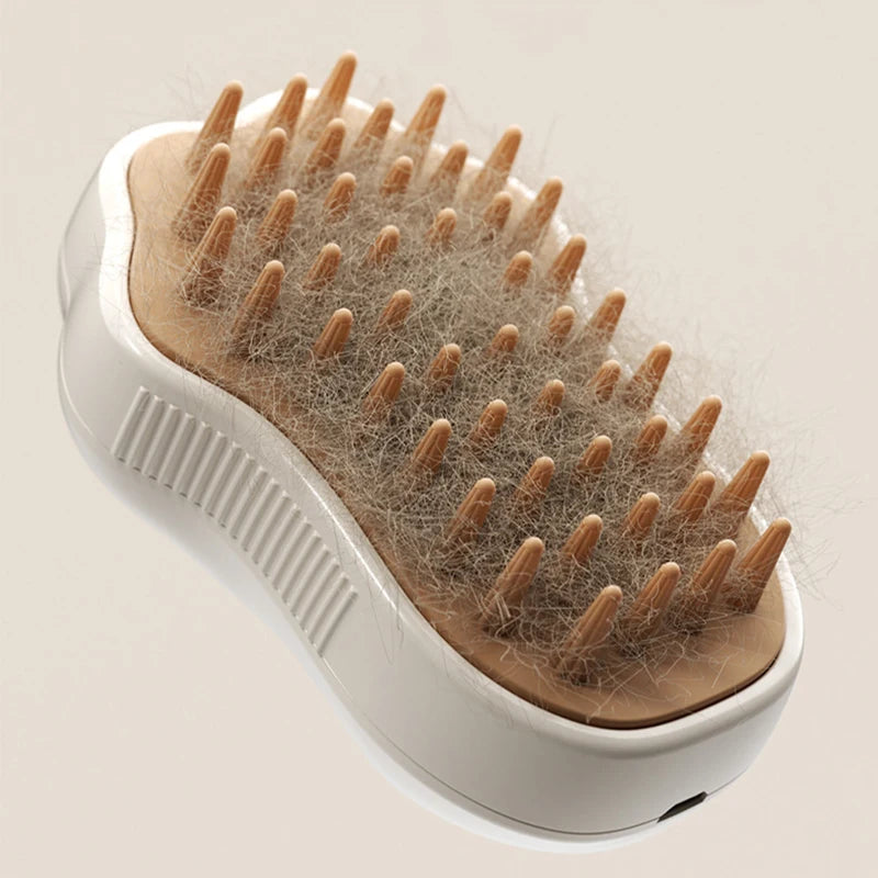 The pet grooming brush shown full of collected loose hair, demonstrating its effectiveness at removing shedding fur.