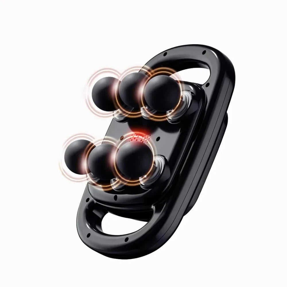 The portable 6-head electric massager in black, with red glowing nodes indicating the deep tissue massage function.