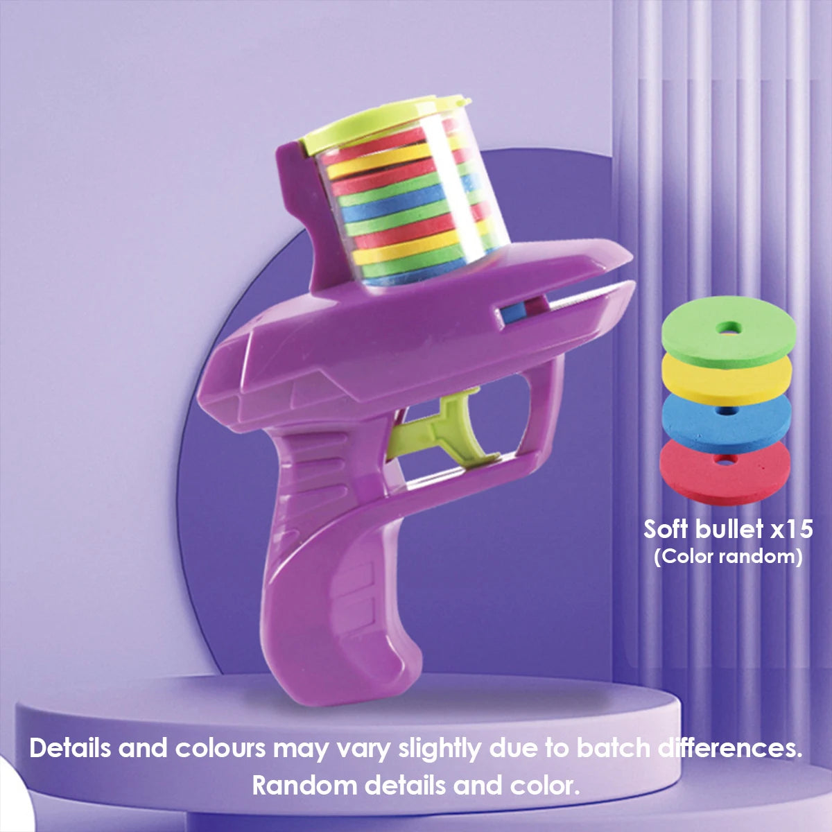 The purple FunBox disc launcher toy displayed on a purple pedestal, showing it comes with 15 colorful soft bullets.
