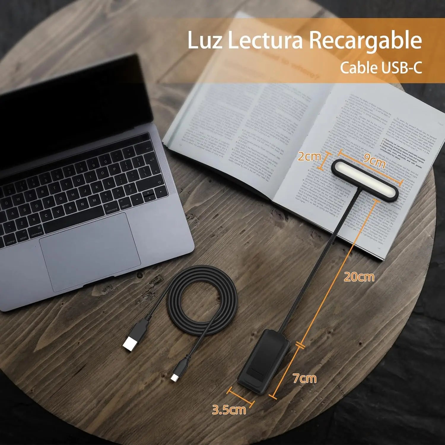 An infographic showing the dimensions of the rechargeable LED reading light and its included USB-C cable.