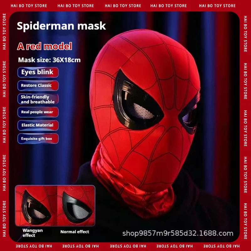 Infographic for the red Spiderman mask model, showing its features like blinking eyes, classic design, and breathable material.