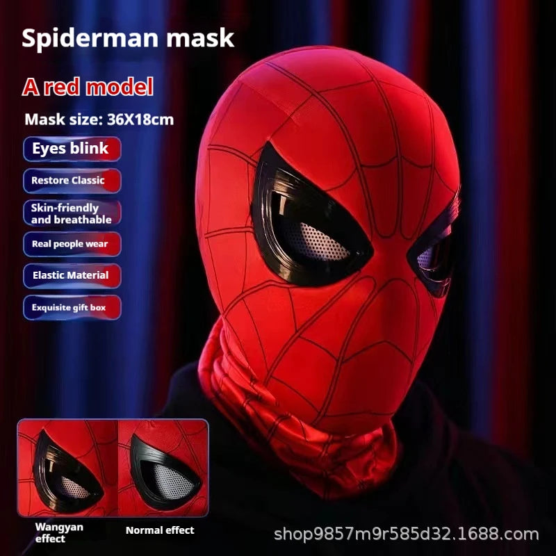 An infographic detailing the features of the classic red Spiderman mask, including the blinking "Wangyan effect" of the eyes.