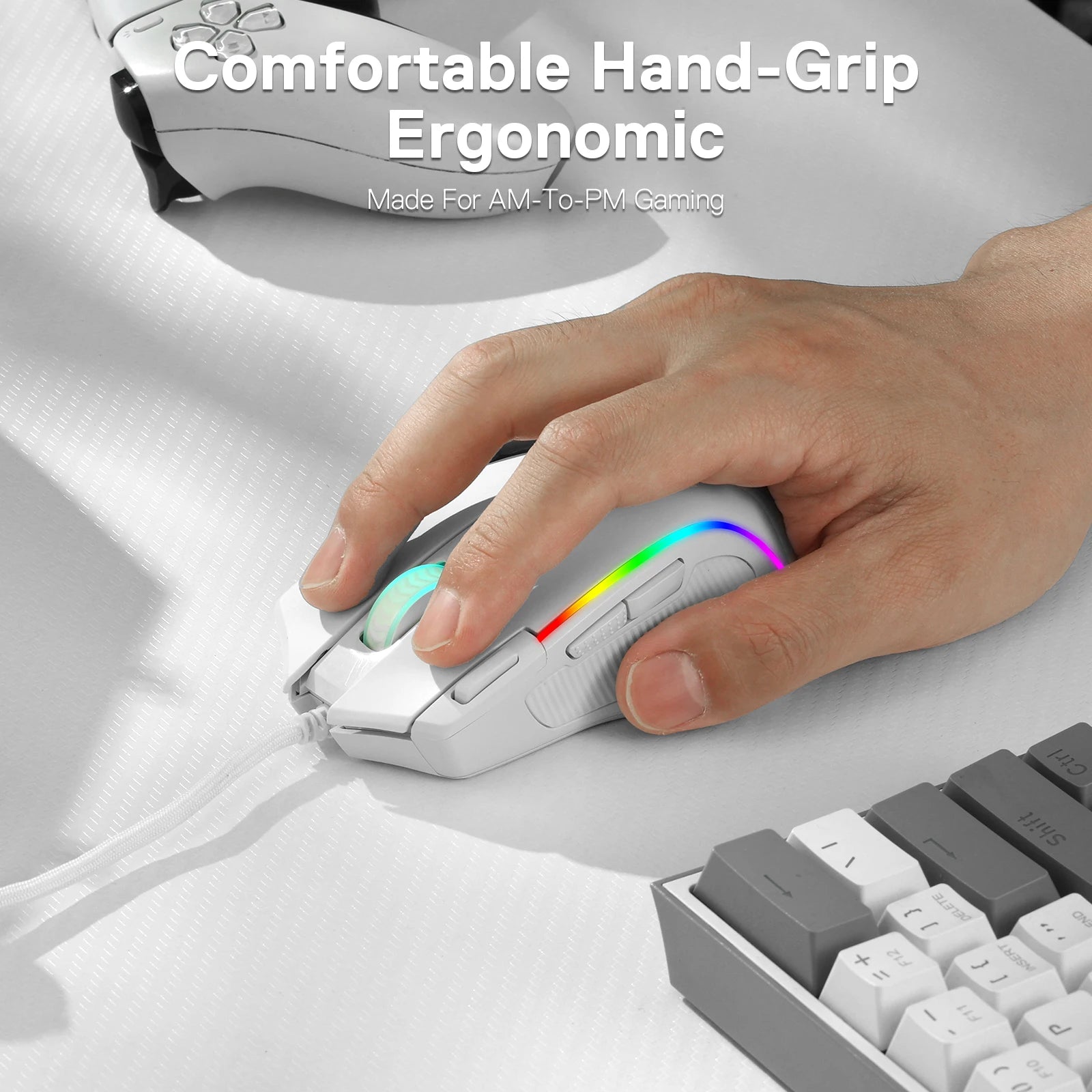 A person holding the white Redragon gaming mouse, demonstrating its comfortable and ergonomic hand-grip design for long gaming sessions.