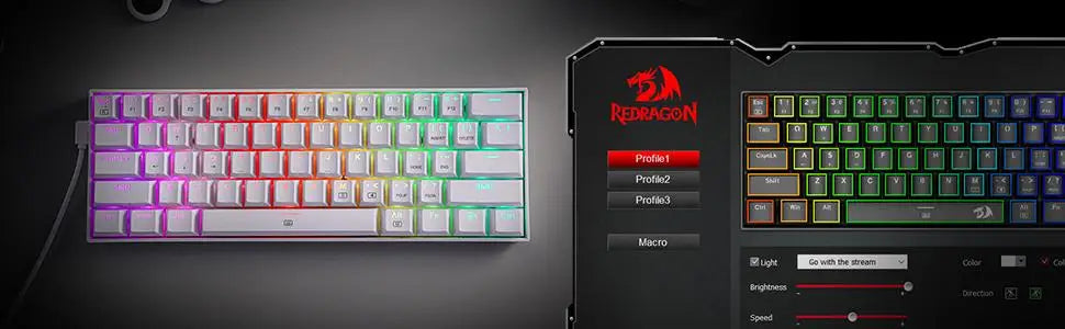 An image showing the Redragon pro software interface used to customize the RGB lighting and macros for the K630 keyboard.