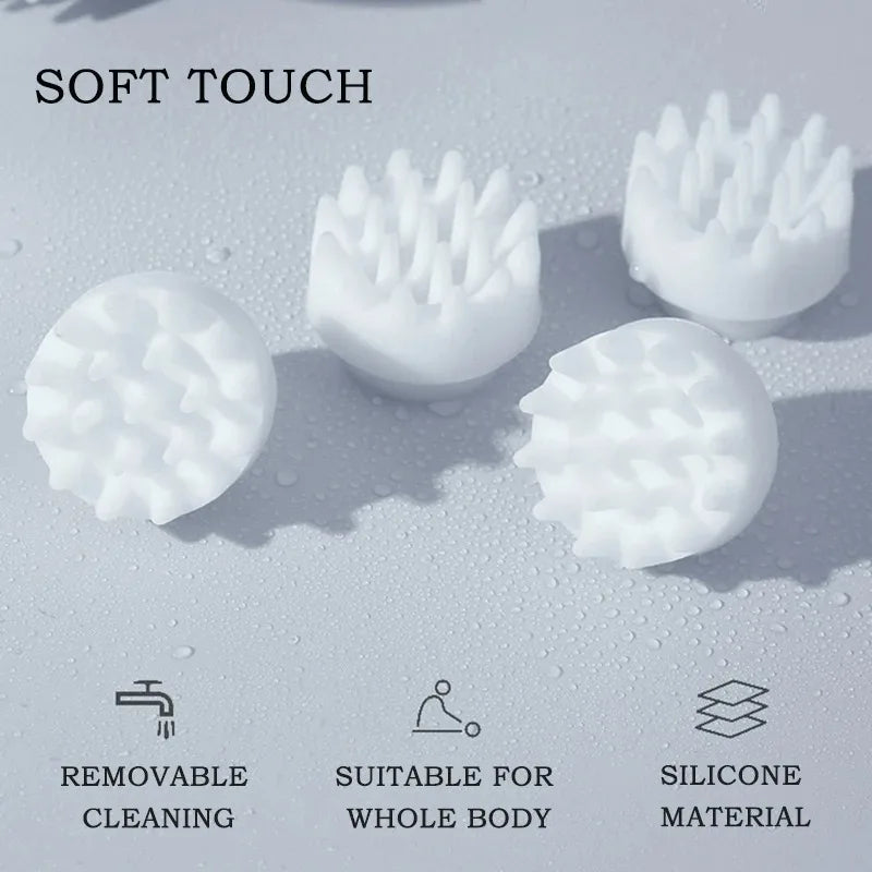 A close-up of the soft silicone massage heads, with icons indicating they are removable for cleaning, suitable for the whole body, and made of silicone material.