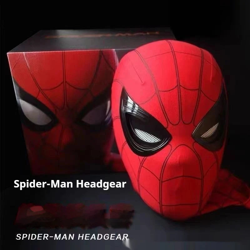 A side view of the red Spiderman cosplay mask displayed in front of its stylish black packaging.