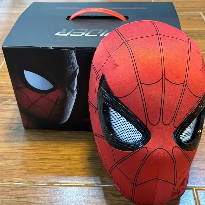 The HeroPlay Spiderman cosplay mask shown next to its premium black gift box, perfect for collectors.