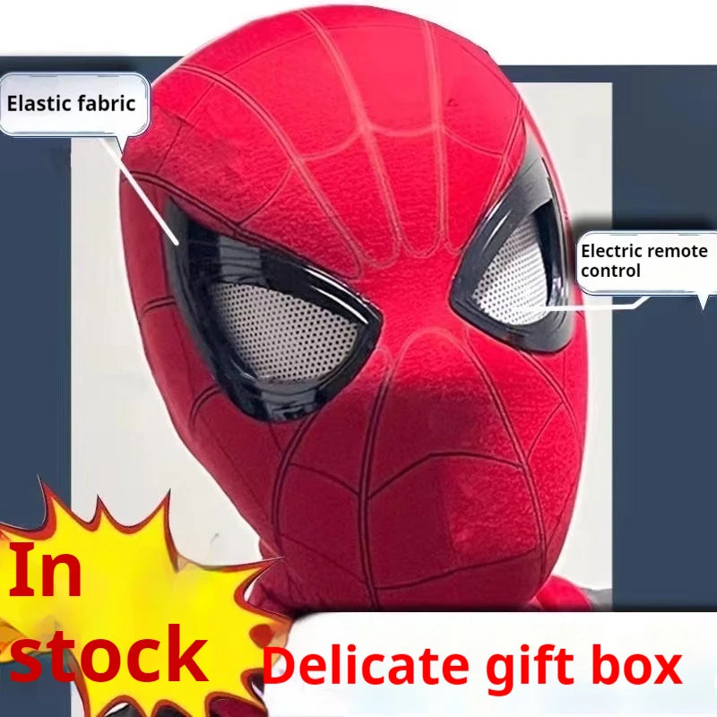 A close-up of the Spiderman mask highlighting the elastic fabric and the electric remote control feature for the eyes.