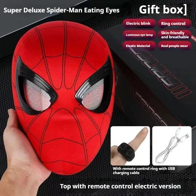 Infographic of the Spiderman mask highlighting its features: electric blink, ring control, elastic material, and showing the remote control ring and USB cable.