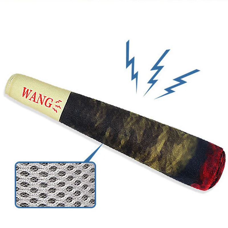 An infographic of the plush cigar toy showing its durable mesh material and an icon indicating it has a squeaker inside.