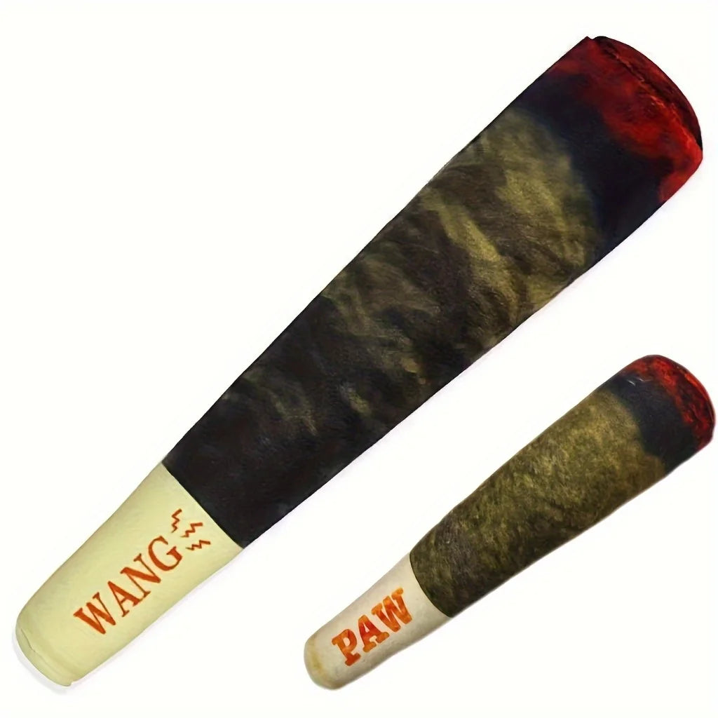 A product shot showing the two available sizes of the plush cigar dog toy, labeled "PAW" and "WANG".