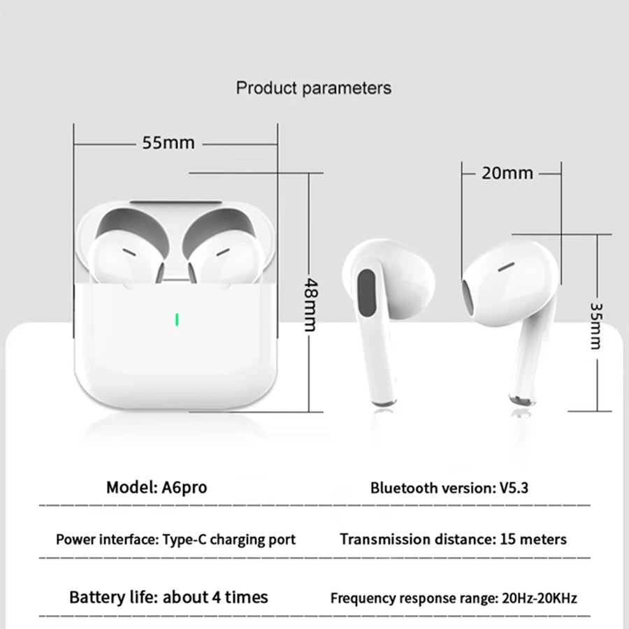 An infographic detailing the product parameters for the A6pro earbuds, including dimensions, Bluetooth V5.3, and a Type-C charging port.
