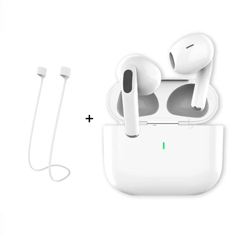 The TWS earbuds and charging case shown next to an included white lanyard.