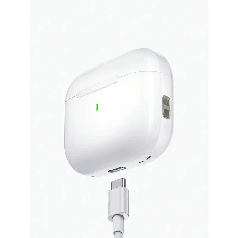 A close-up showing a USB-C cable being plugged into the charging port of the TWS earbuds case.