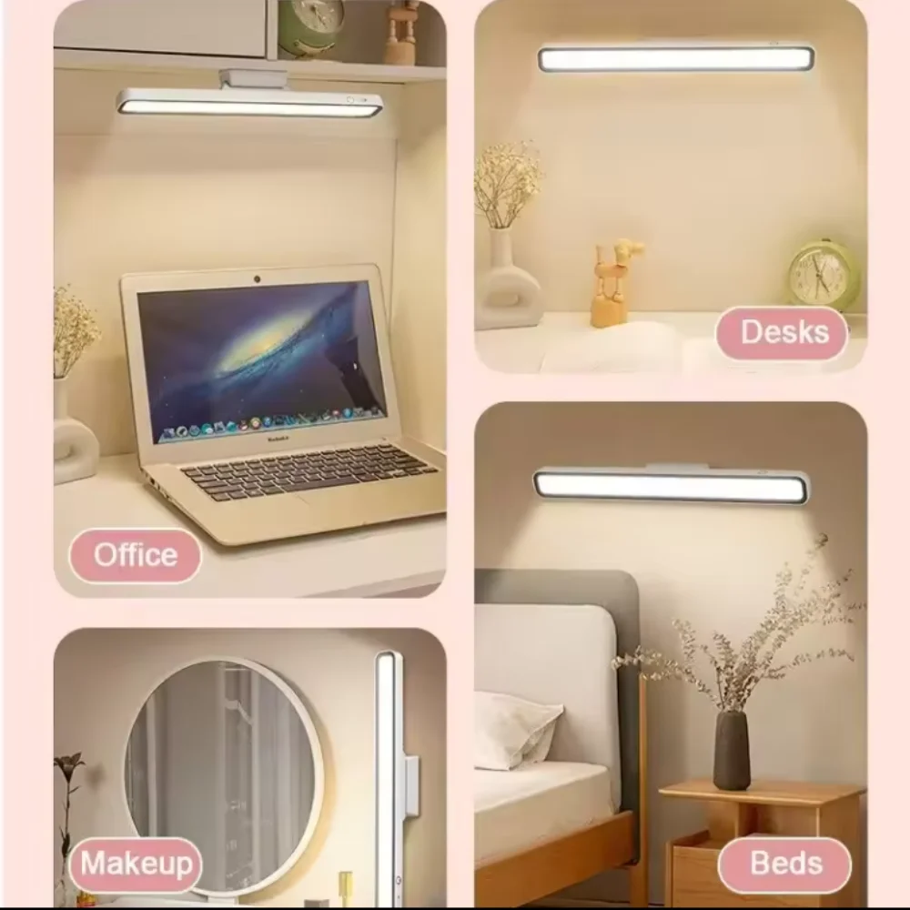 An infographic showing the versatile uses of the magnetic LED light bar in an office, on desks, for makeup, and by beds.