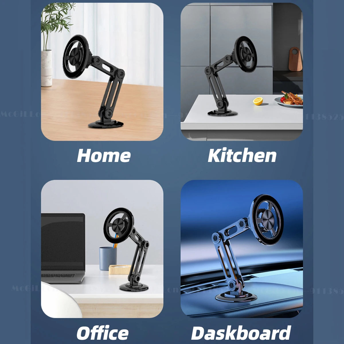 An infographic showing the versatility of the magnetic phone stand, with examples of its use in the home, kitchen, office, and on a car dashboard.