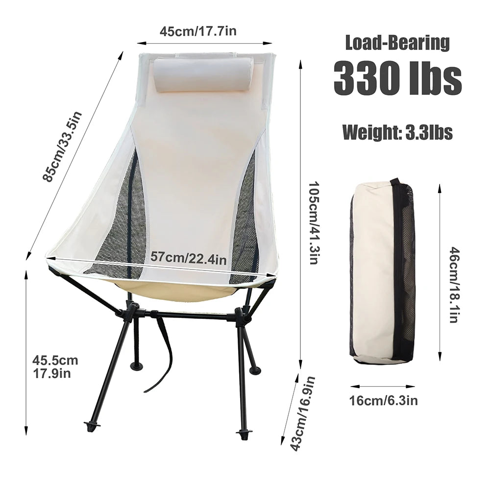 An infographic detailing the dimensions of the Westtune camping chair and its carry bag, and noting its 330 lbs load-bearing capacity and 3.3 lbs weight.