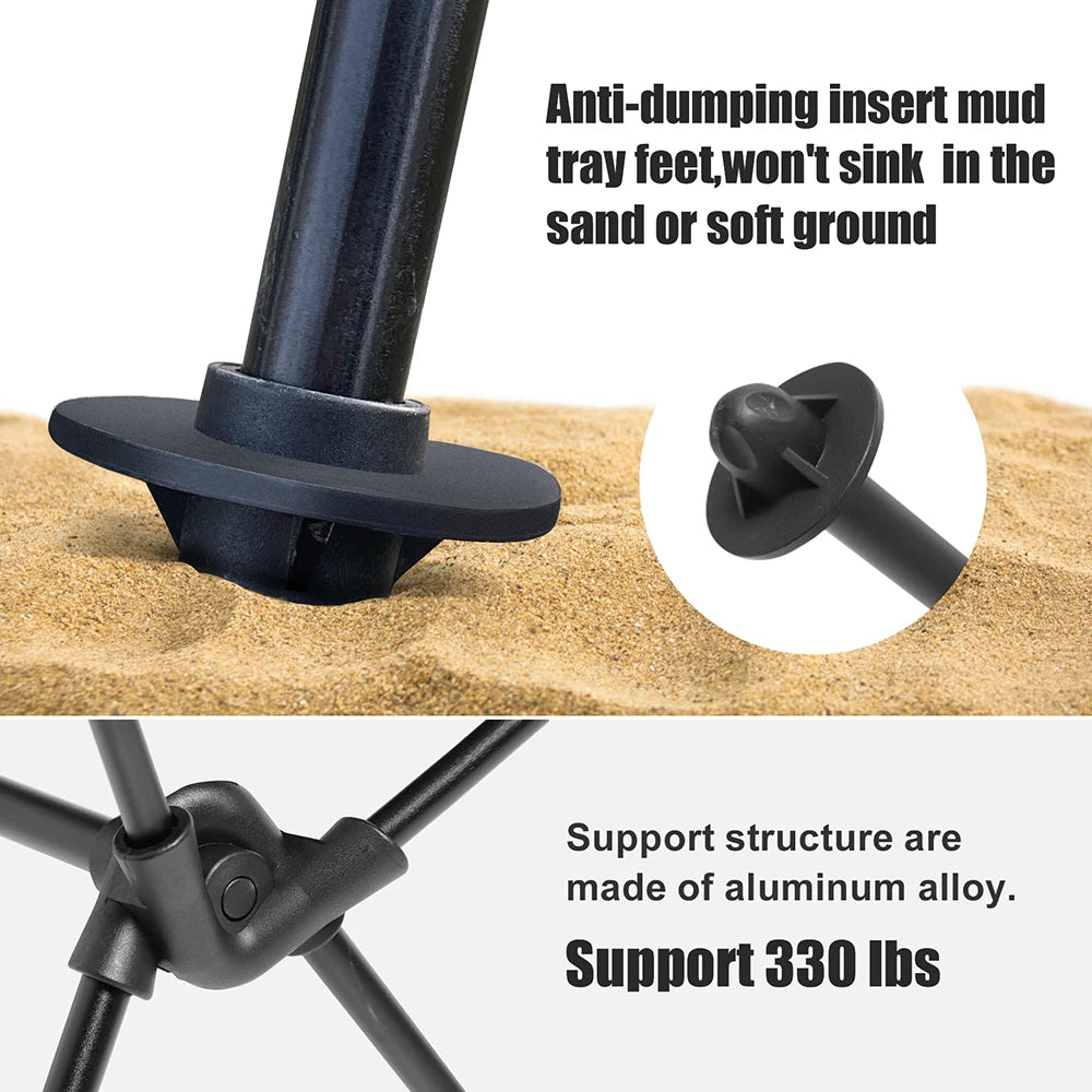 A close-up infographic of the Westtune camping chair's durable features, including the anti-dumping mud tray feet and the aluminum alloy support structure that holds 330 lbs.