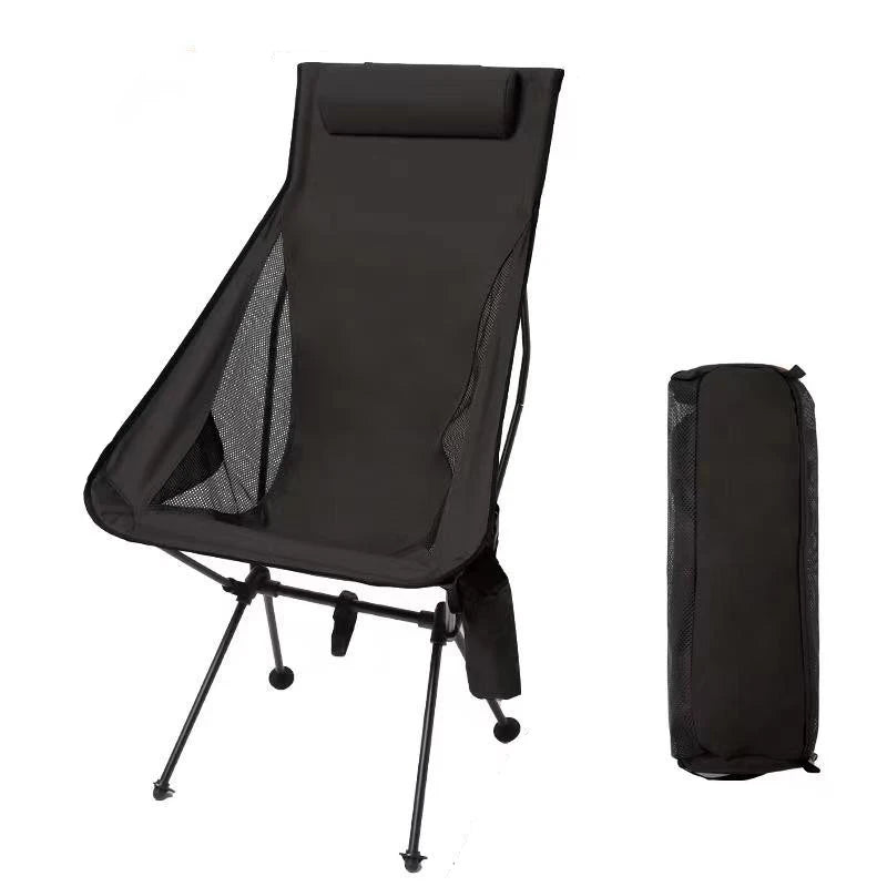 The Westtune portable folding camping chair shown in a classic black color, next to its black carry bag.