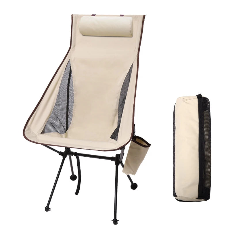 The lightweight Westtune camping chair with headrest and side pocket, displayed next to its folded carry bag.