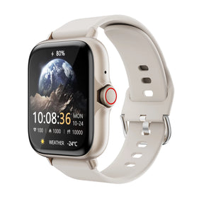 The 1.83-inch smartwatch with a gold case and a neutral beige silicone band.